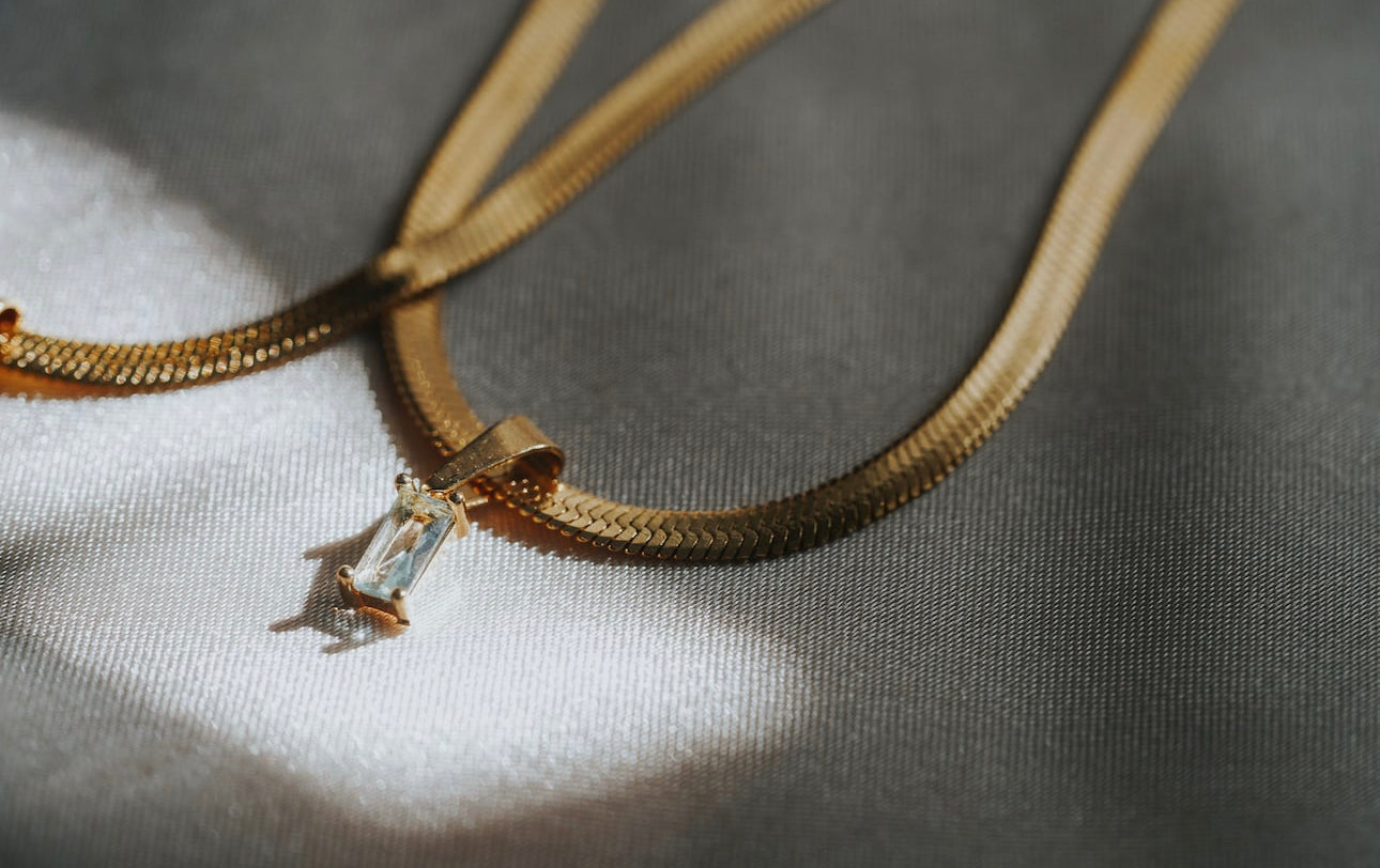 Gold Herringbone Necklace with CZ Stone  Necklace